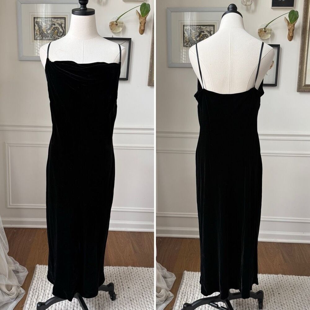 Banana Republic Black Velvet Midi Spaghetti Strap Cowl Neck Slip Dress 12